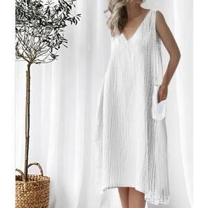 NWOT COZINEN Maxi V Neck Dress Sz S White Goddess Boho Vacation